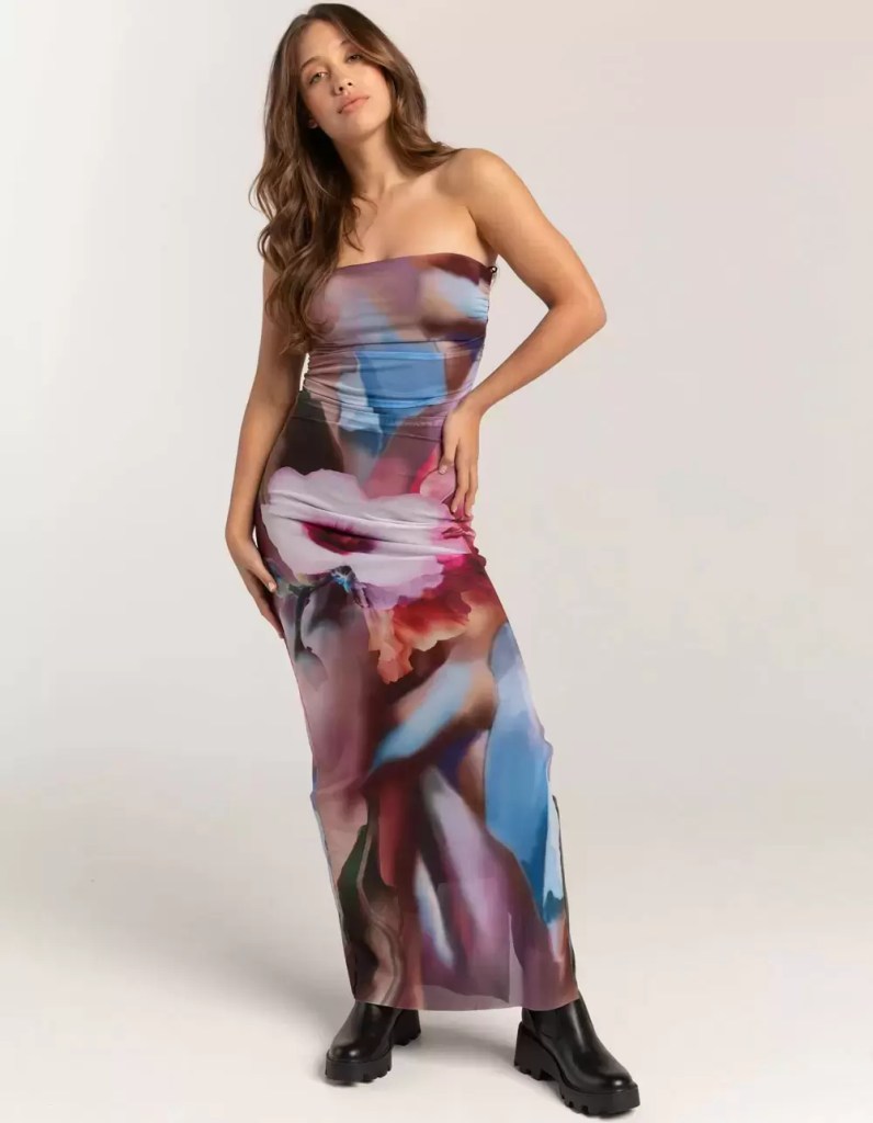 WEST OF MELROSE Printed Mesh Womens Tube Maxi Dress